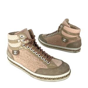Chanel Tweed Patent High Top CC Chain Lace Up Sneakers in Pink Tan